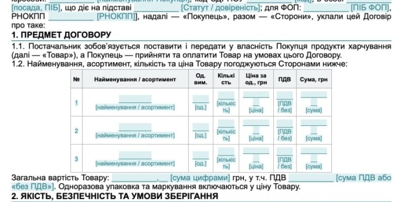 Договір поставки продуктів харчування